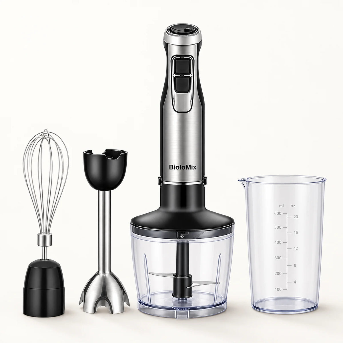 BioloMix HB1200 4-in-1 Immersion Blender on a warm off-white background with a soft natural shadow.