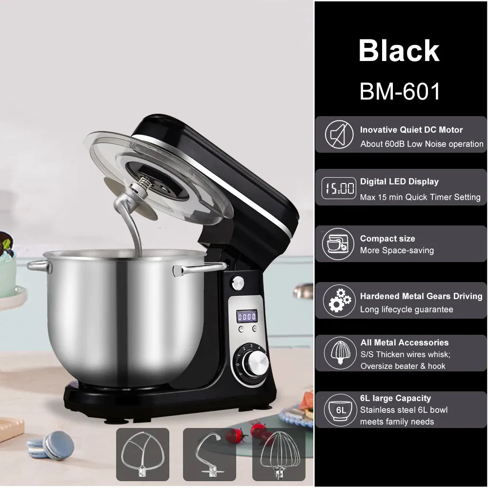 Essentials House 6L Black BM-601 / US Kitchen Food Stand Mixer, Blender, Quiet Motor, Cream Egg Whisk, Whip Dough Kneader