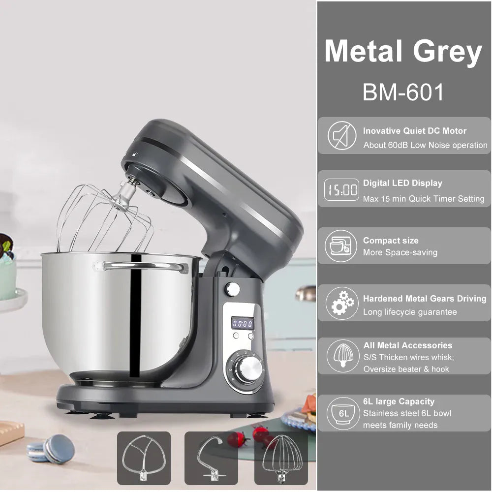 Essentials House 6L Grey BM-601 / US Kitchen Food Stand Mixer, Blender, Quiet Motor, Cream Egg Whisk, Whip Dough Kneader