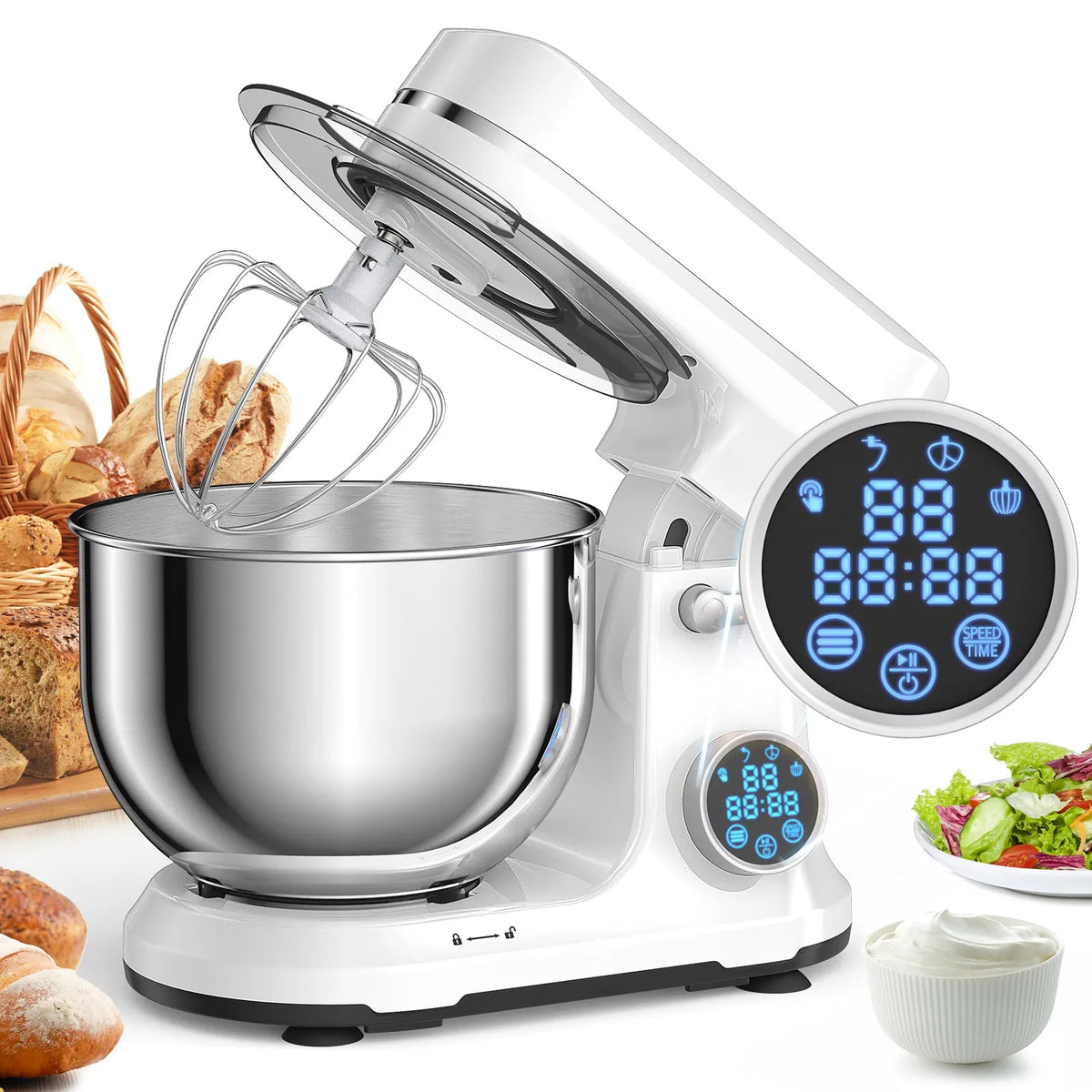 White BioloMix BM602E stand mixer with 5L bowl and OLED control screen
