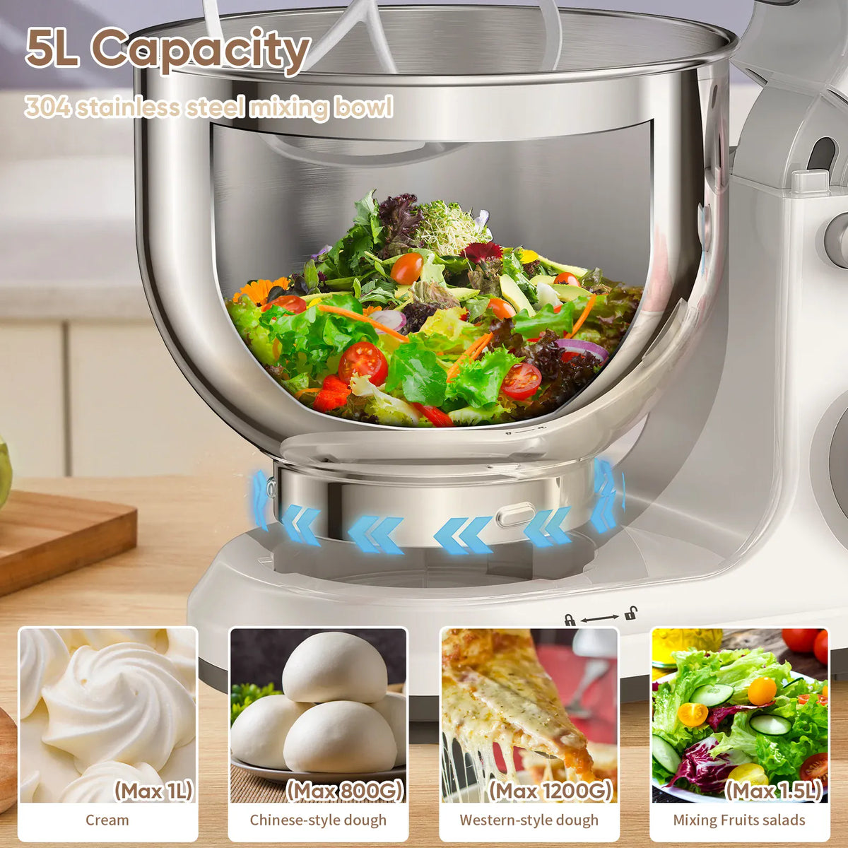 BioloMix BM602E 5L stainless steel mixing bowl capacity infographic