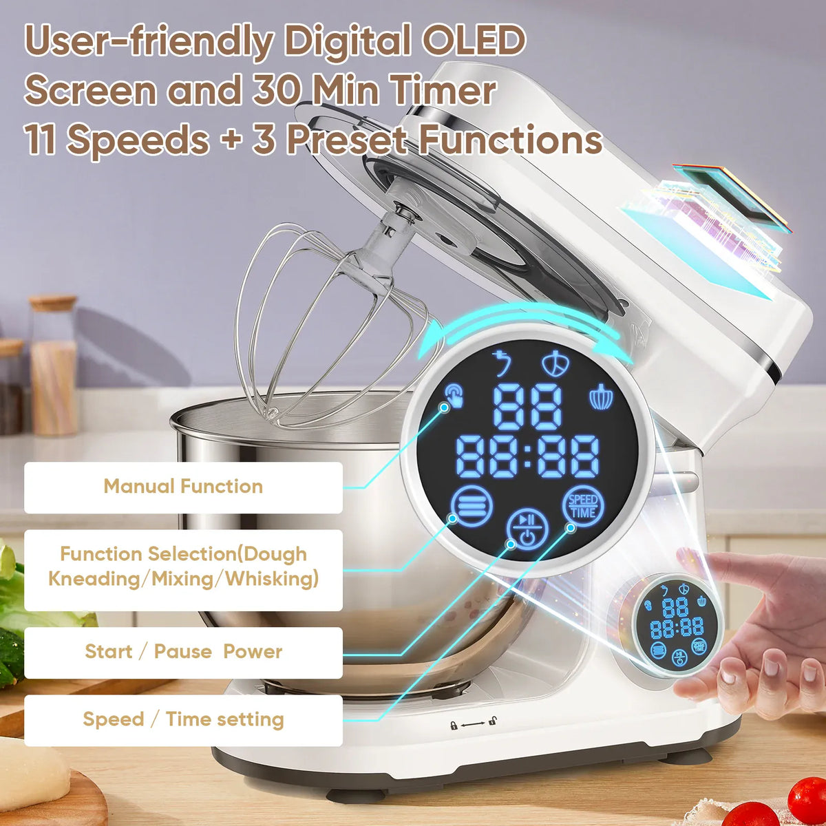 BioloMix BM602E OLED screen showing timer, speed and preset controls