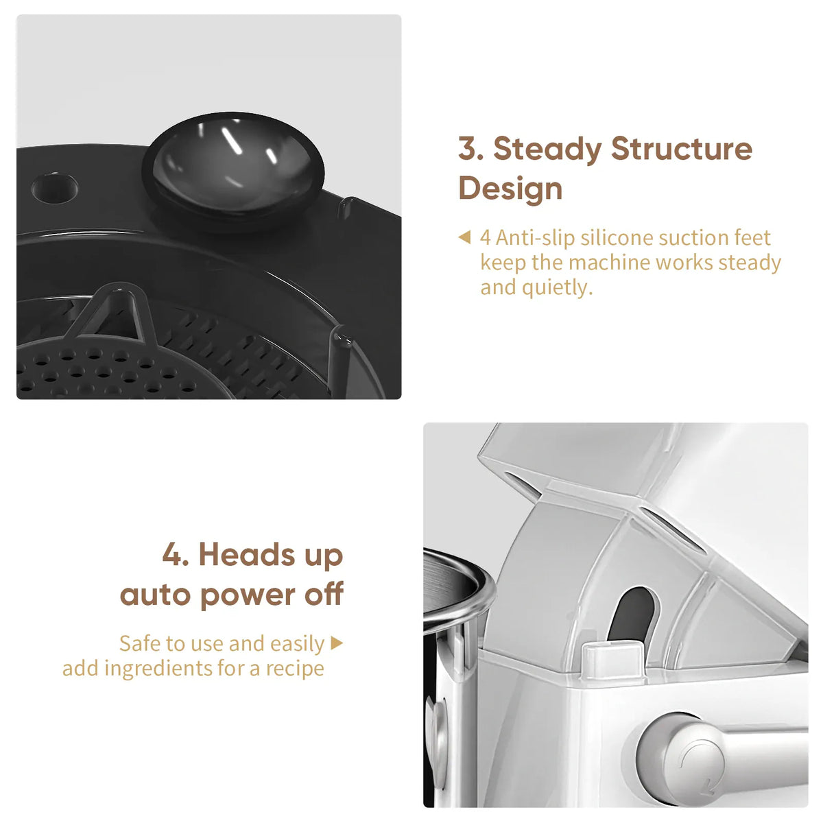BioloMix BM602E suction feet and tilt-head safety feature details