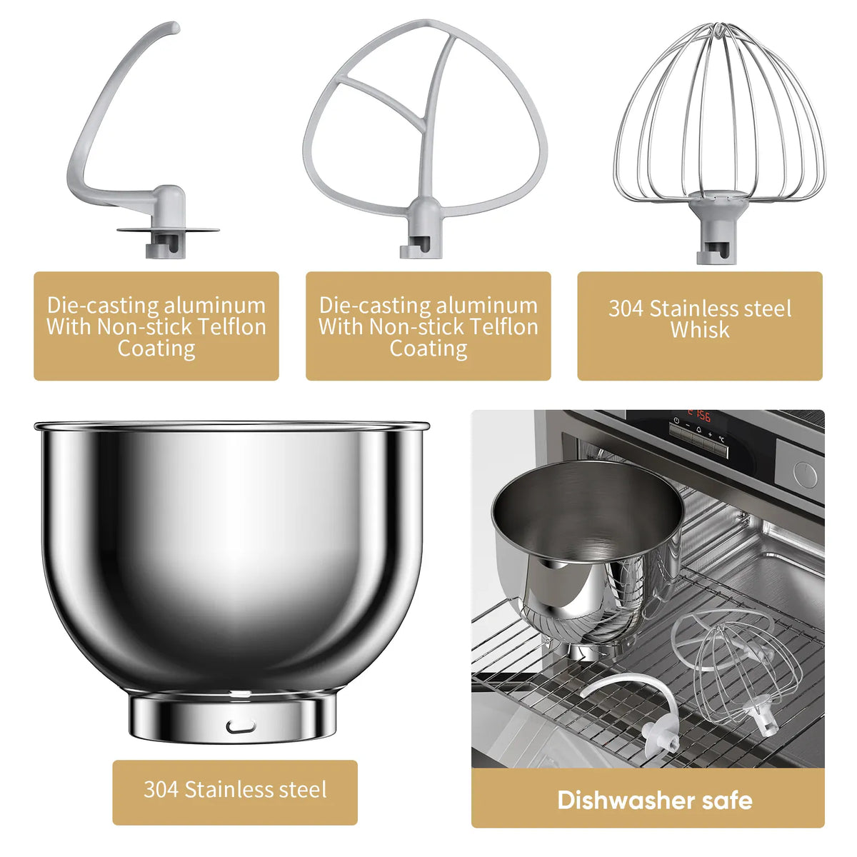 BioloMix BM602E whisk, flat beater, dough hook and stainless steel bowl