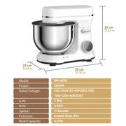 BioloMix BM602E stand mixer dimensions and specifications infographic