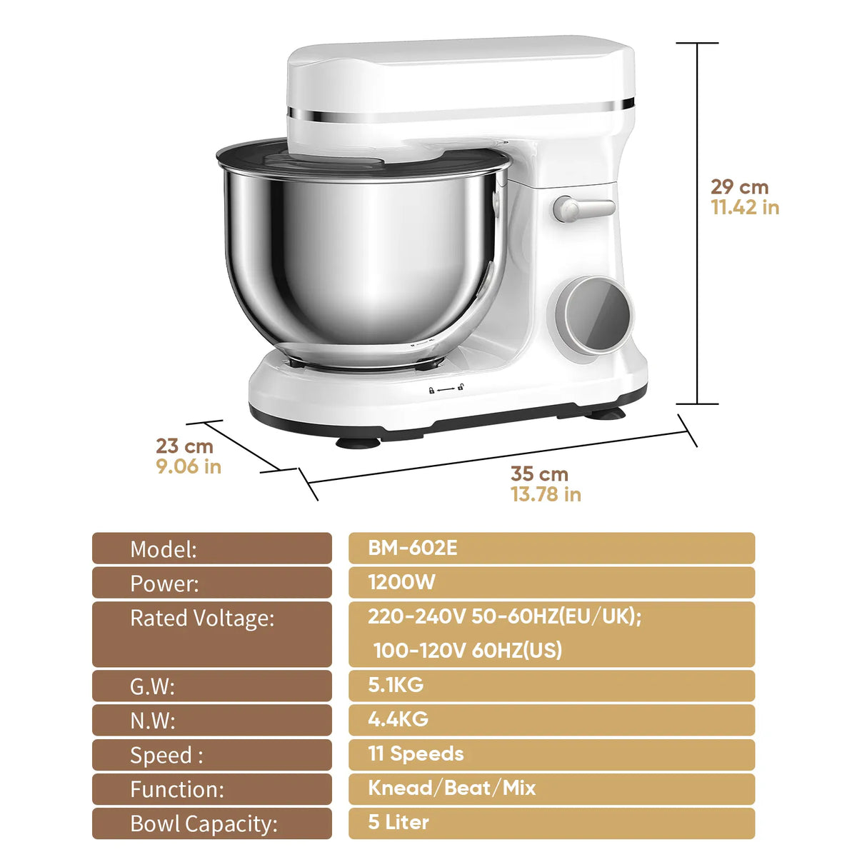 BioloMix BM602E stand mixer dimensions and specifications infographic