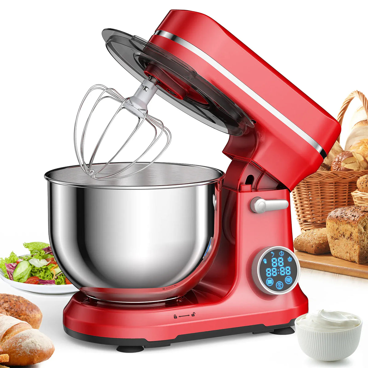 Red BioloMix BM602E stand mixer with tilt head raised and bowl installed