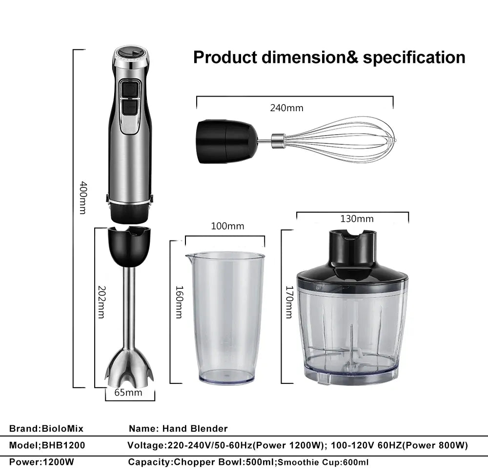 Essentials House US Plug 4 in 1 High Power 1200W Immersion Hand Stick Blender Mixer Includes Chopper and Smoothie Cup