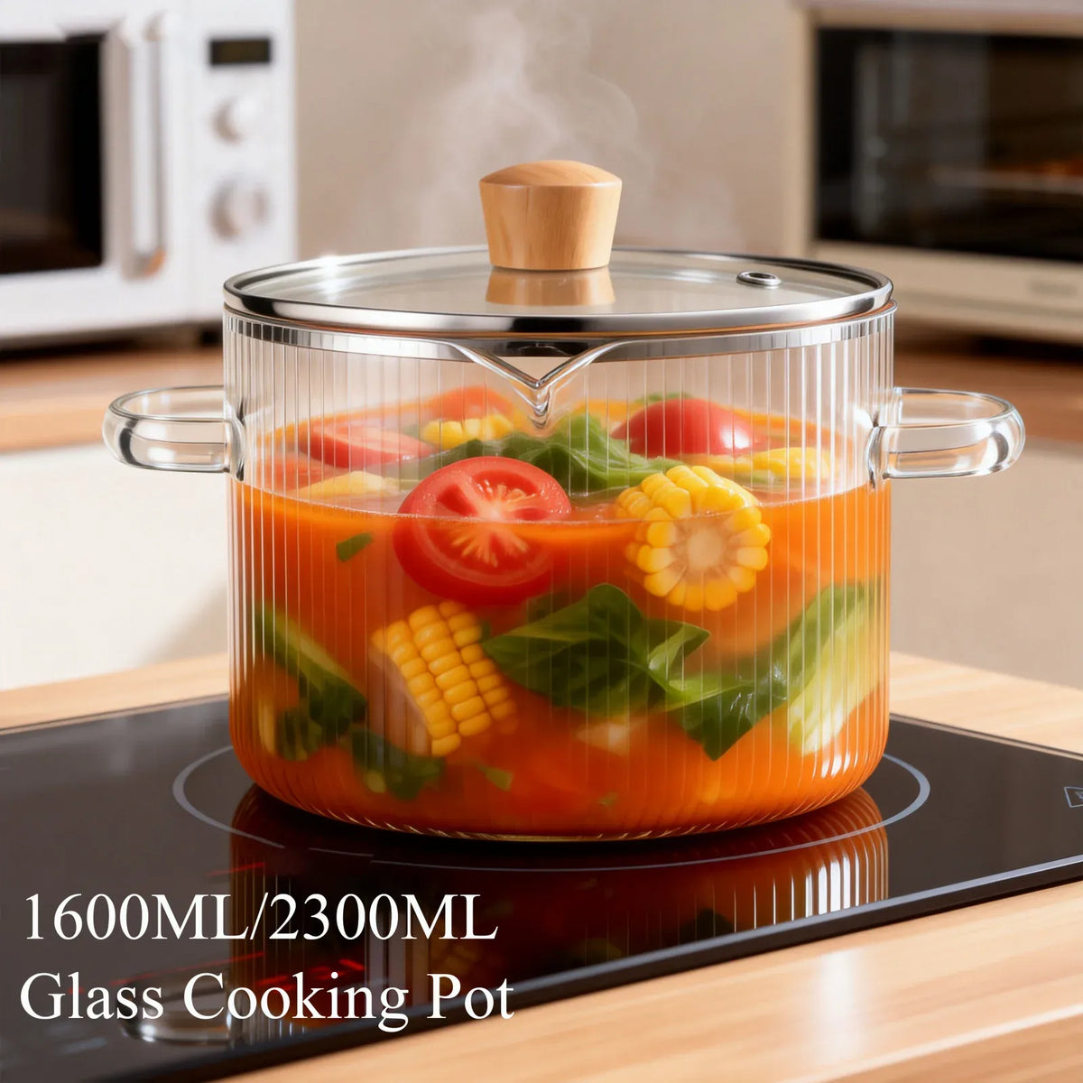 Transparent borosilicate glass cooking pot with a glass lid and wooden knob