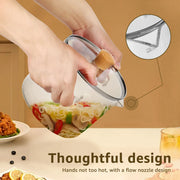 Transparent borosilicate glass cooking pot with a glass lid and wooden knob