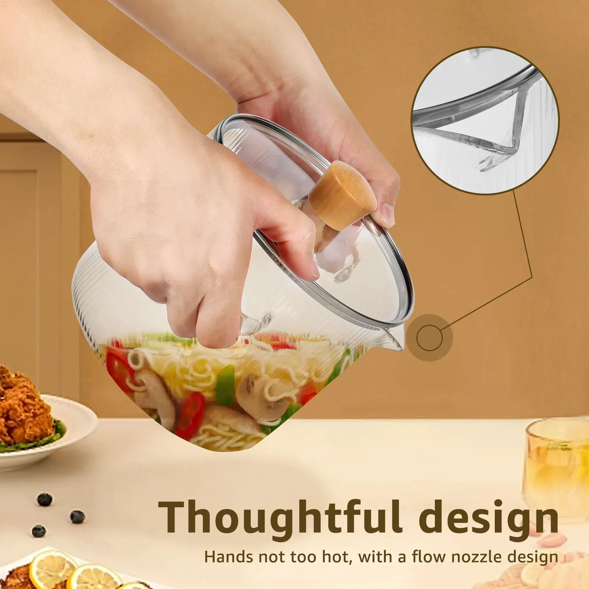 Transparent borosilicate glass cooking pot with a glass lid and wooden knob
