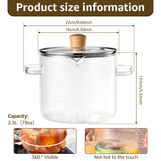 Transparent borosilicate glass cooking pot with a glass lid and wooden knob