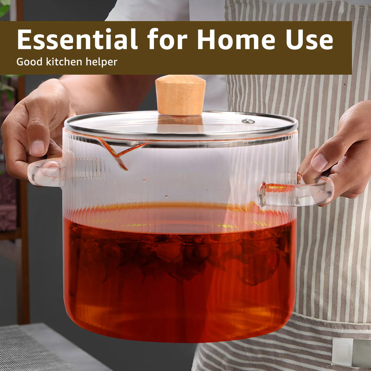 Transparent borosilicate glass cooking pot with a glass lid and wooden knob