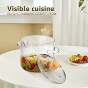 Transparent borosilicate glass cooking pot with a glass lid and wooden knob