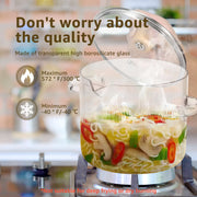 Transparent borosilicate glass cooking pot with a glass lid and wooden knob