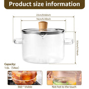Transparent borosilicate glass cooking pot with a glass lid and wooden knob