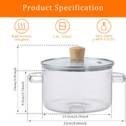 Transparent borosilicate glass cooking pot with a glass lid and wooden knob