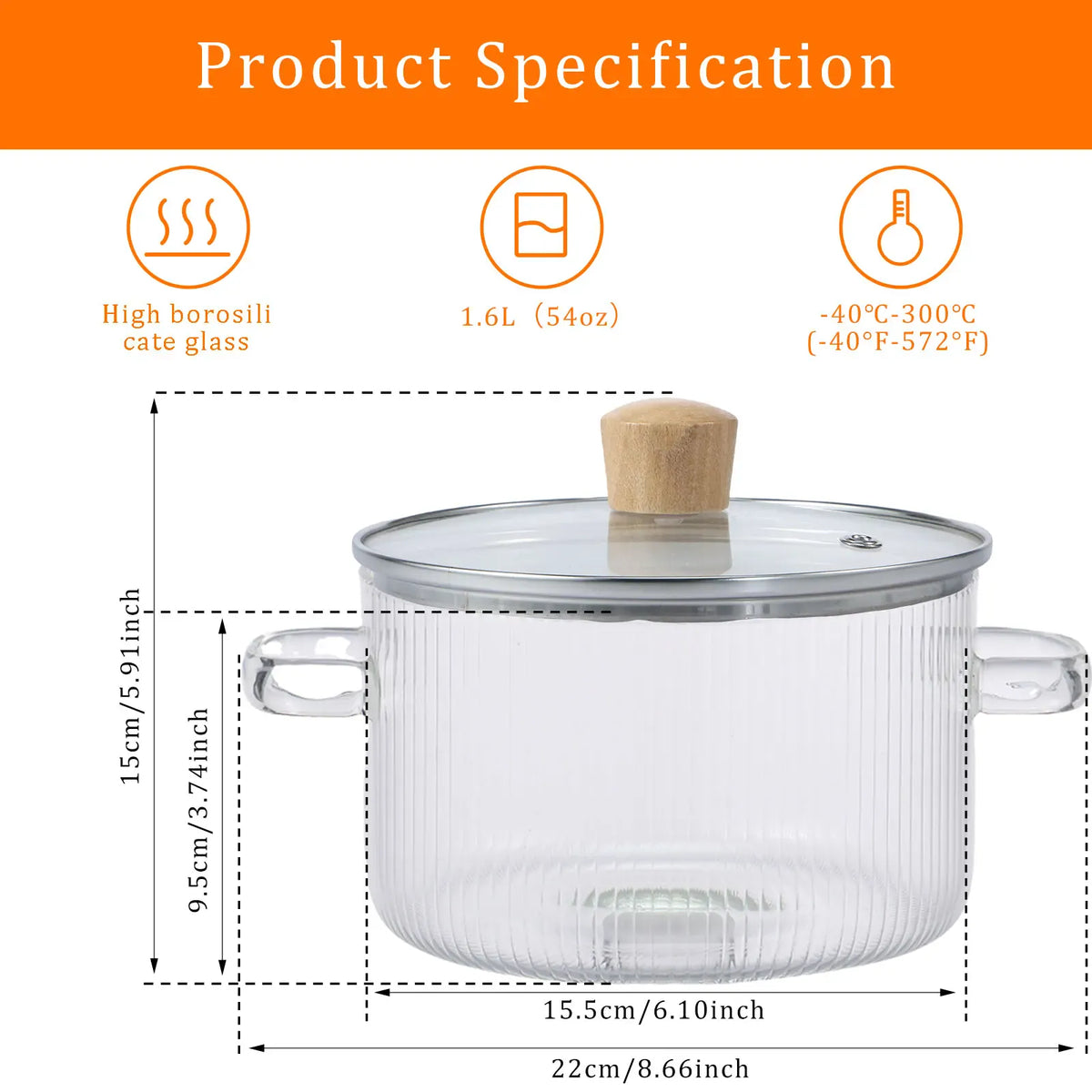 Transparent borosilicate glass cooking pot with a glass lid and wooden knob