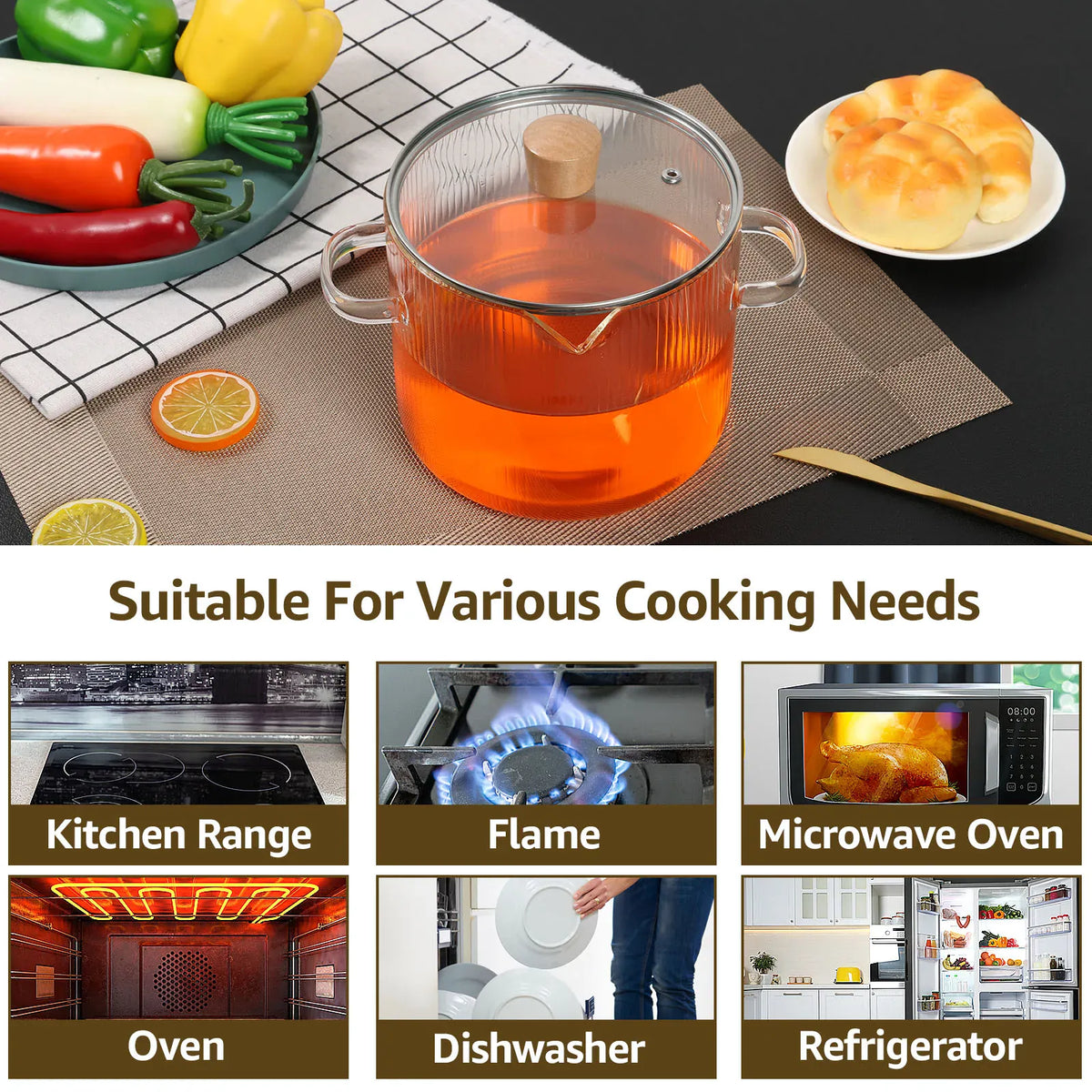 Transparent borosilicate glass cooking pot with a glass lid and wooden knob