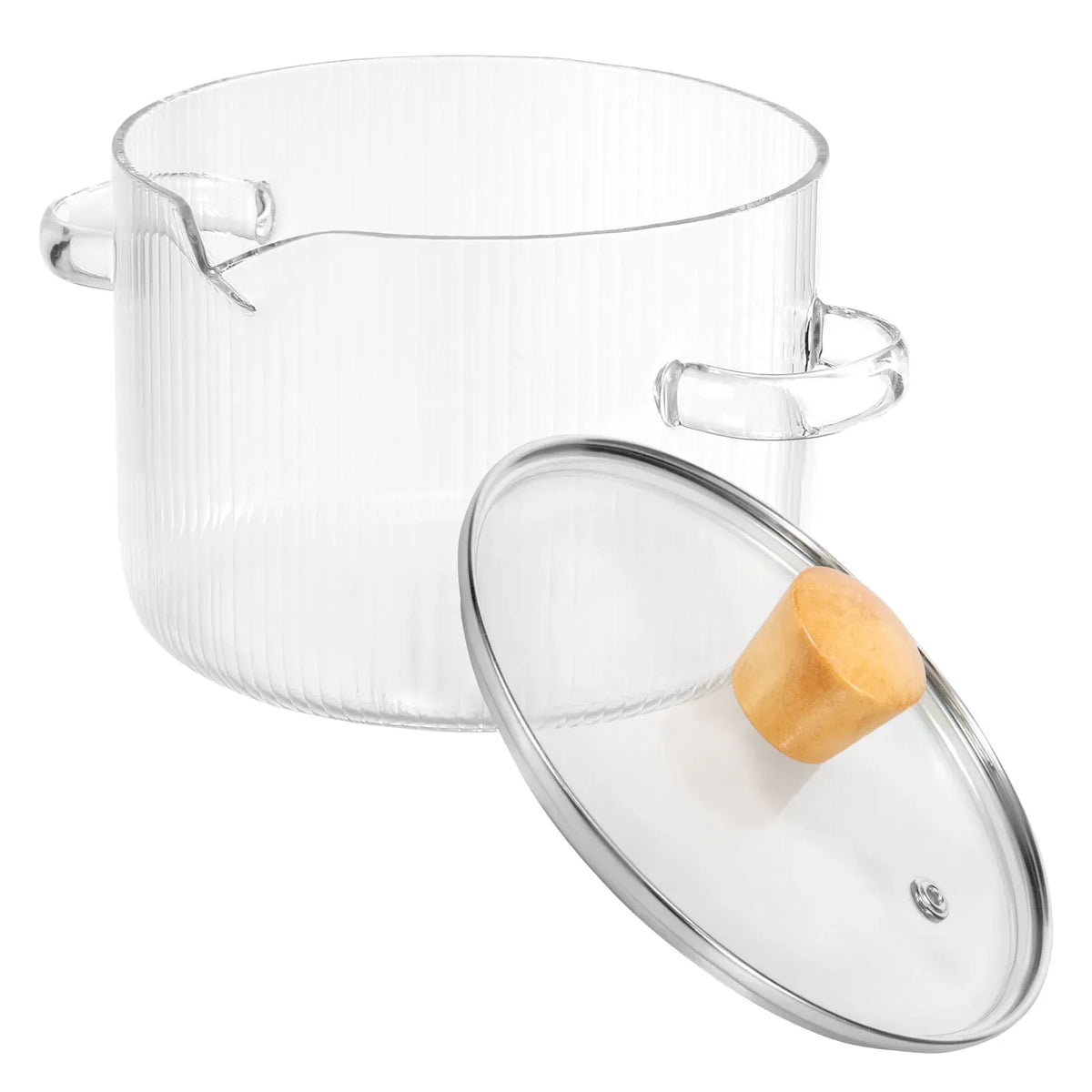 Medium borosilicate glass cooking pot, 1.6 litre, with glass lid and wooden knob