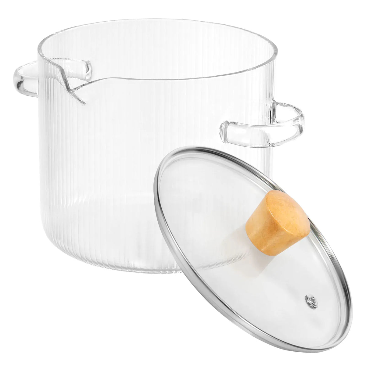 Large borosilicate glass cooking pot, 2.3 litre, with glass lid and wooden knob