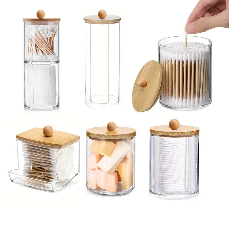 Clear bathroom storage jars with bamboo lids in four styles