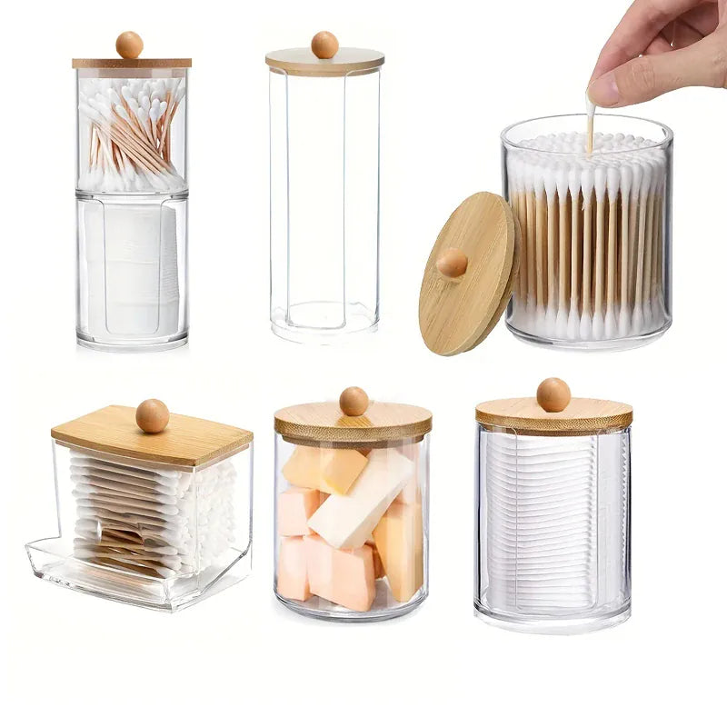 Clear bathroom storage jars with bamboo lids in four styles