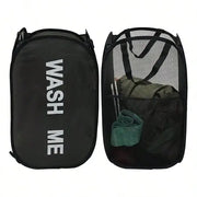 Black collapsible mesh laundry hamper shown open and folded