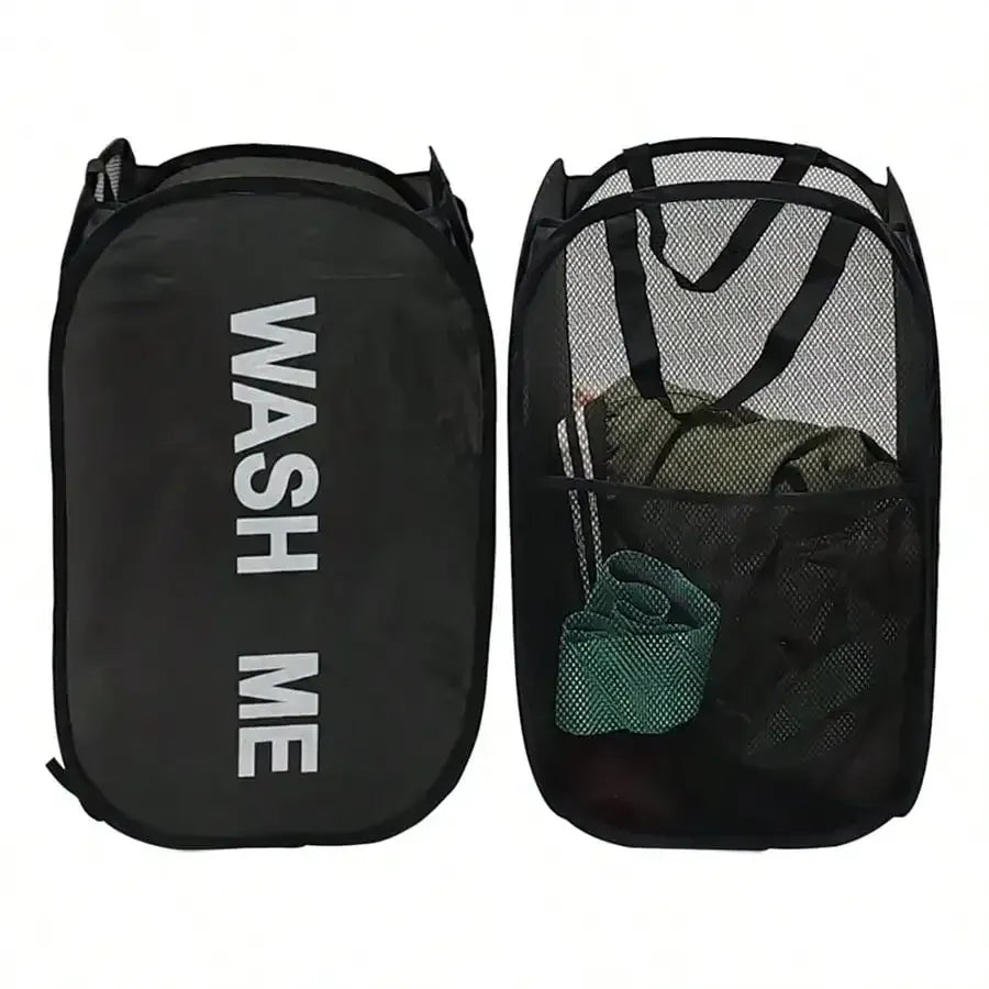 Black collapsible mesh laundry hamper shown open and folded