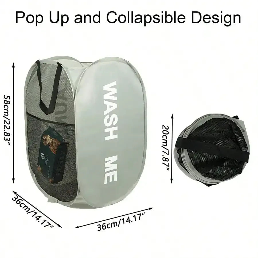 Alternate view of collapsible mesh pop-up laundry hamper with carry handles
