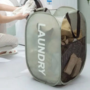 Alternate view of collapsible mesh pop-up laundry hamper with carry handles