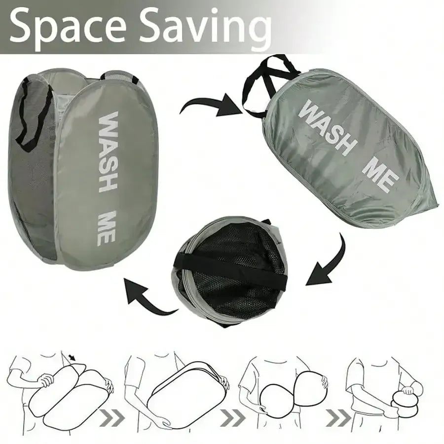Alternate view of collapsible mesh pop-up laundry hamper with carry handles