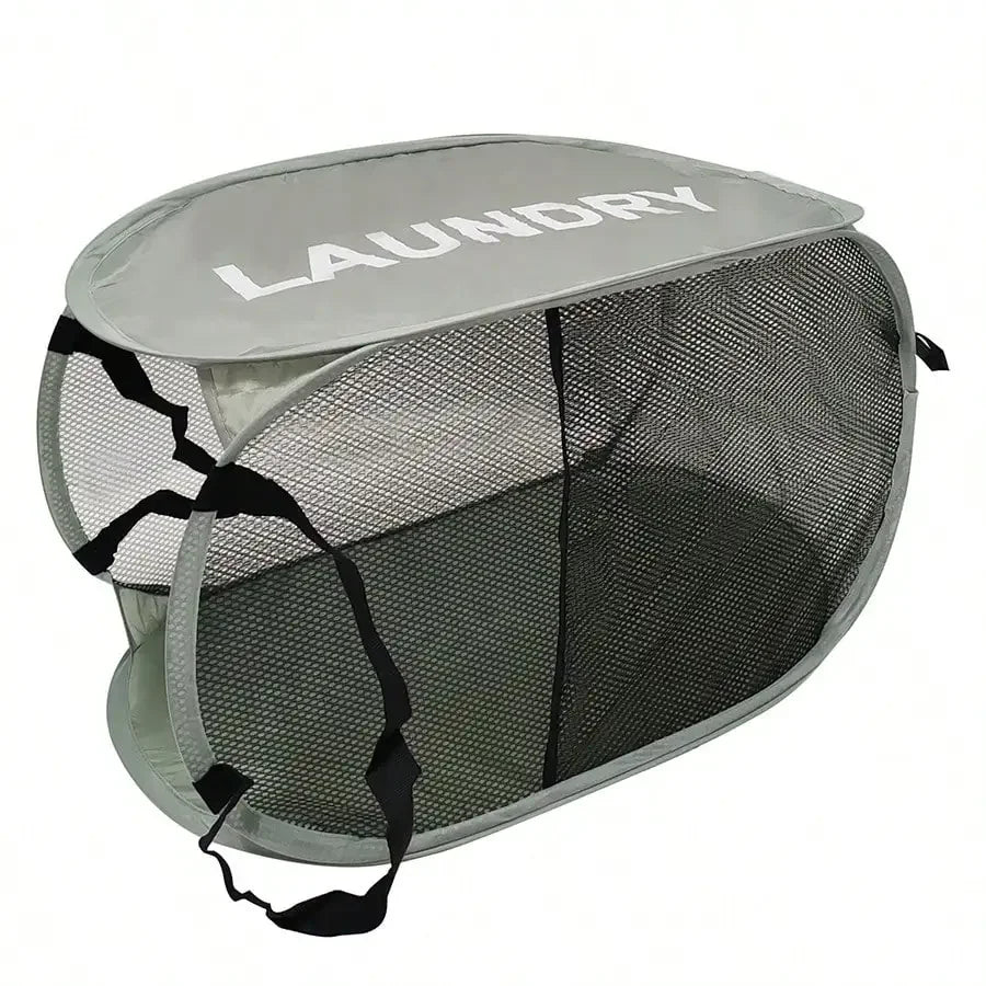 Alternate view of collapsible mesh pop-up laundry hamper with carry handles