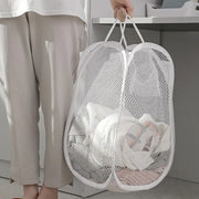 Alternate view of collapsible mesh pop-up laundry hamper with carry handles