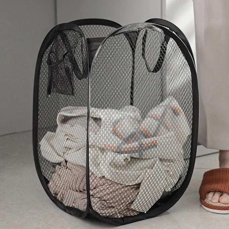 Alternate view of collapsible mesh pop-up laundry hamper with carry handles