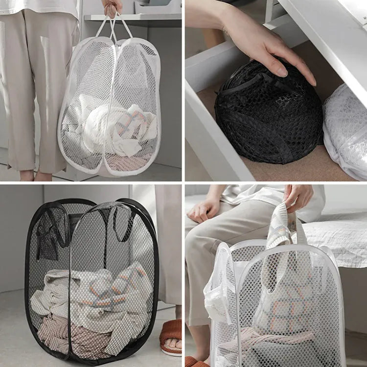 Alternate view of collapsible mesh pop-up laundry hamper with carry handles