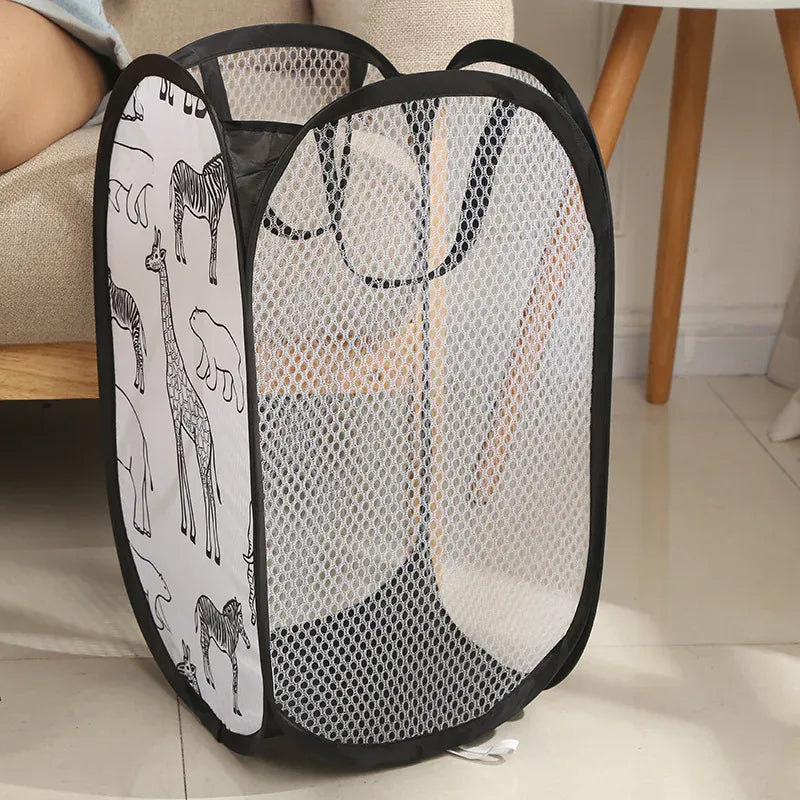 Alternate view of collapsible mesh pop-up laundry hamper with carry handles