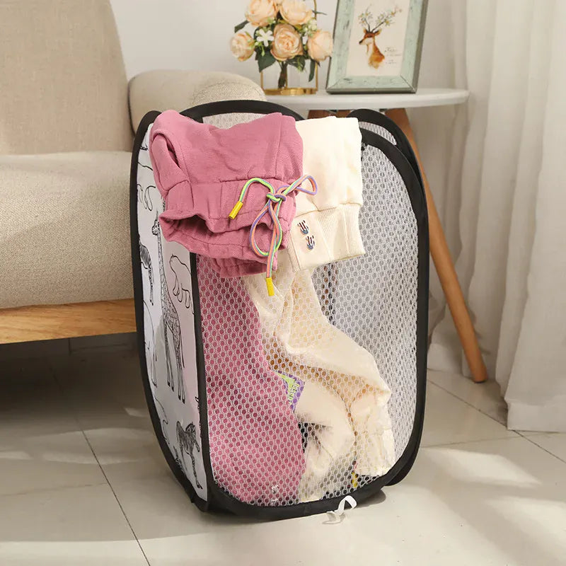 Alternate view of collapsible mesh pop-up laundry hamper with carry handles