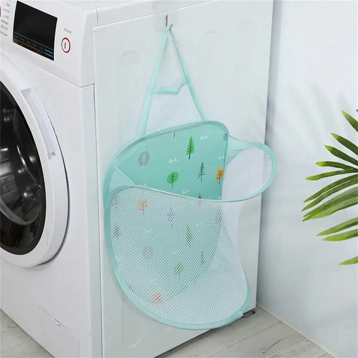 Alternate view of collapsible mesh pop-up laundry hamper with carry handles