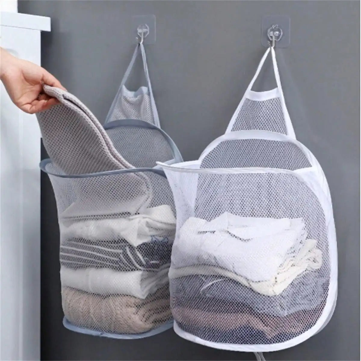 Alternate view of collapsible mesh pop-up laundry hamper with carry handles