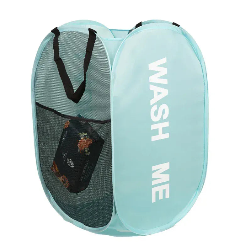 Alternate view of collapsible mesh pop-up laundry hamper with carry handles