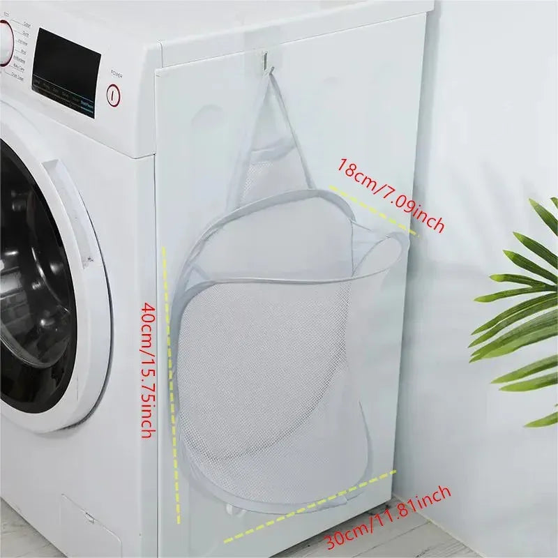 Alternate view of collapsible mesh pop-up laundry hamper with carry handles