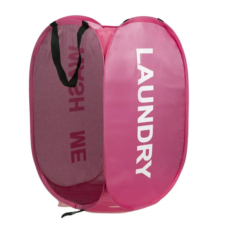 Alternate view of collapsible mesh pop-up laundry hamper with carry handles