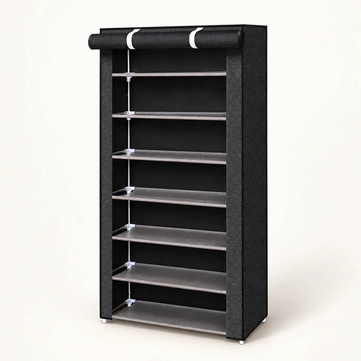 Black enclosed shoe rack with rolled front cover