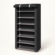 Black enclosed shoe rack with rolled front cover