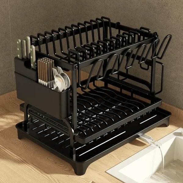 Essentialshouses 2-Tier Dish Drying Rack with Drain Board – Large Capacity, Black or White