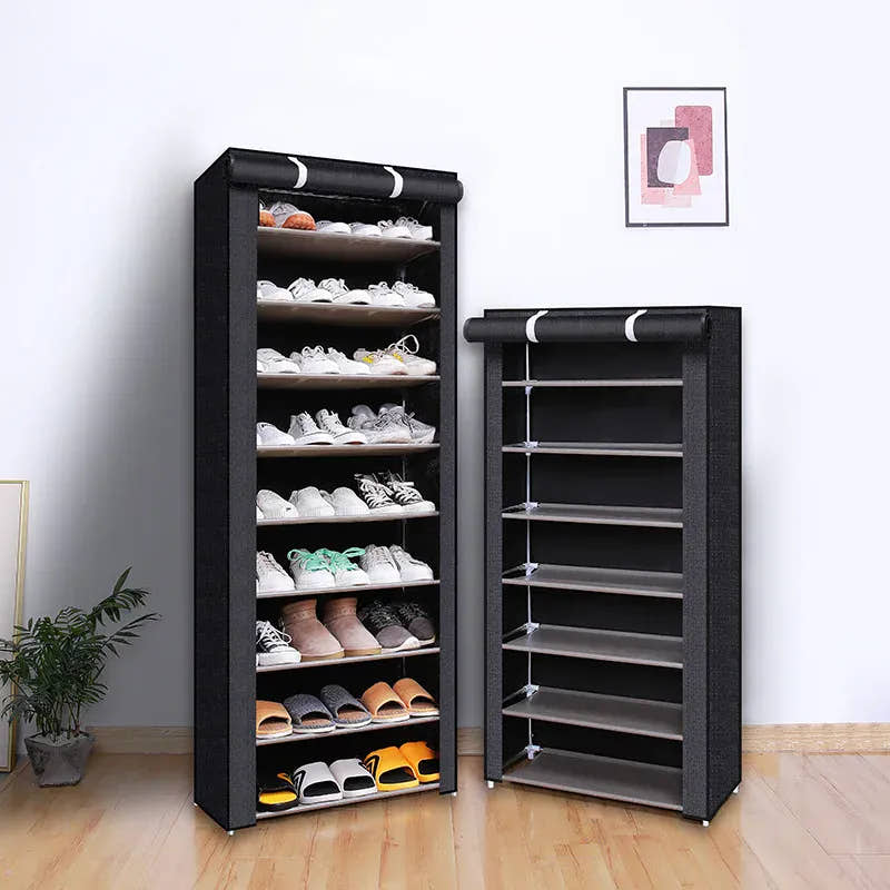 Black enclosed shoe racks in two heights with rolling doors
