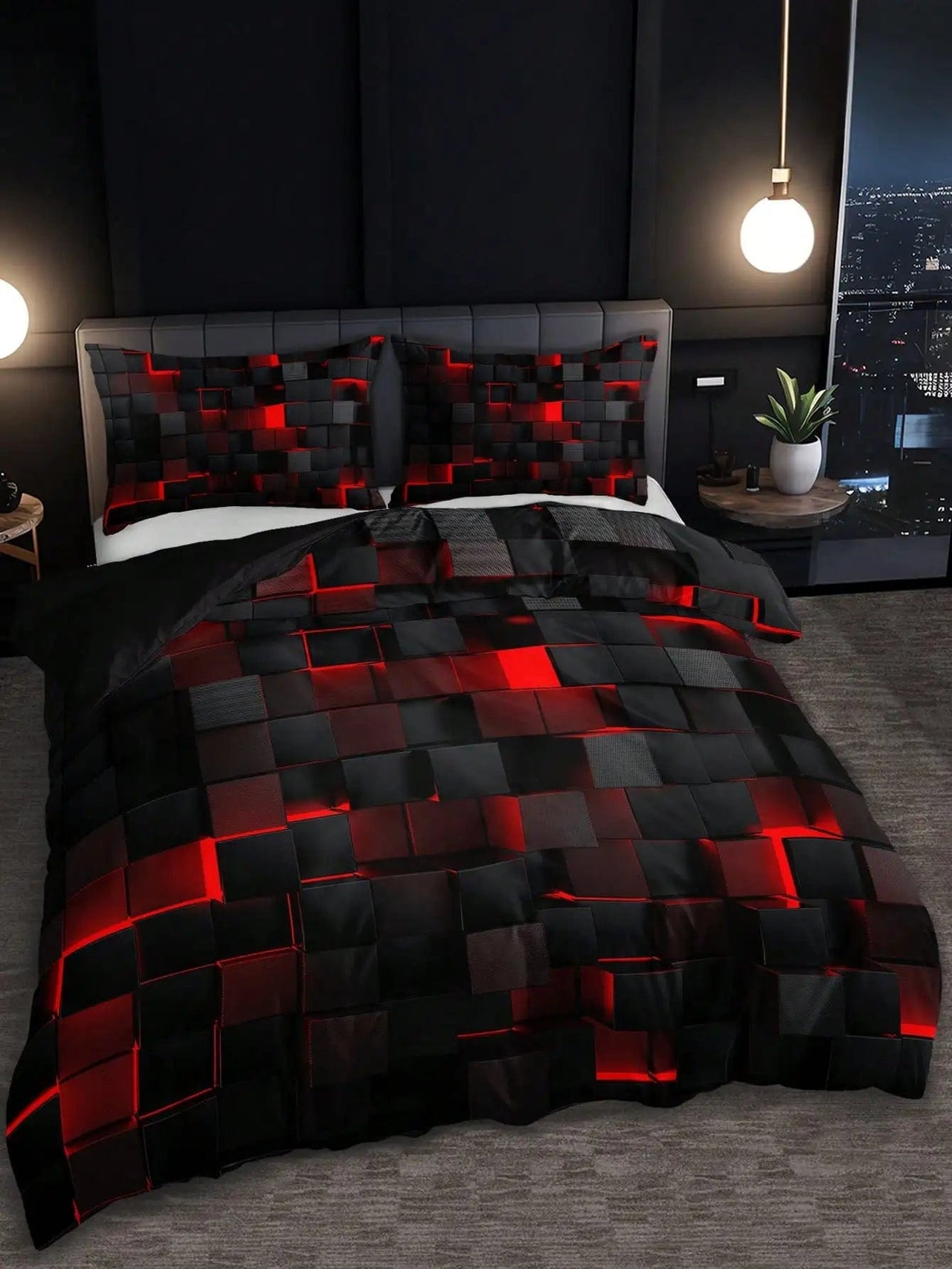 Essentialshouses 1 / 264X228cm Technology Style Red Grid Cover Set