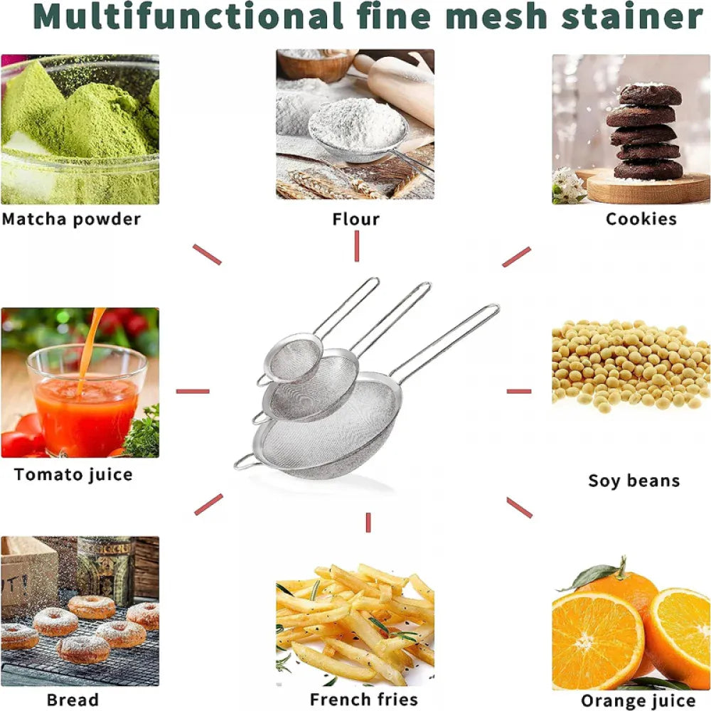 Essentialshouses 1-4pcs Fine Mesh Strainers Set Stainlesss Steel Multipurpose Flour Sieve Sifter With Handle Perfect For tea Flour Egg Kitchen To