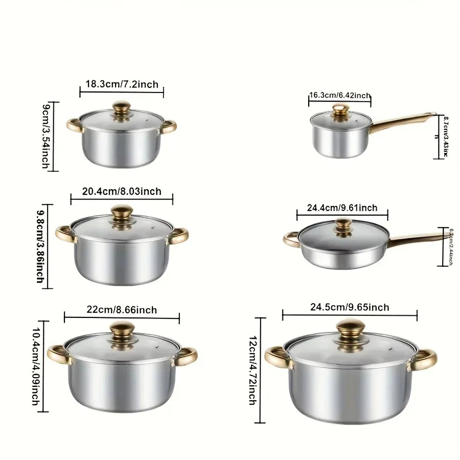 Essentialshouses 10/12pcs- Stainless Steel Pots And Pans 6pots+6pots - Heavy-Duty, Non-stick Cookware Set with Lid for Stew, Simmering, Soup -